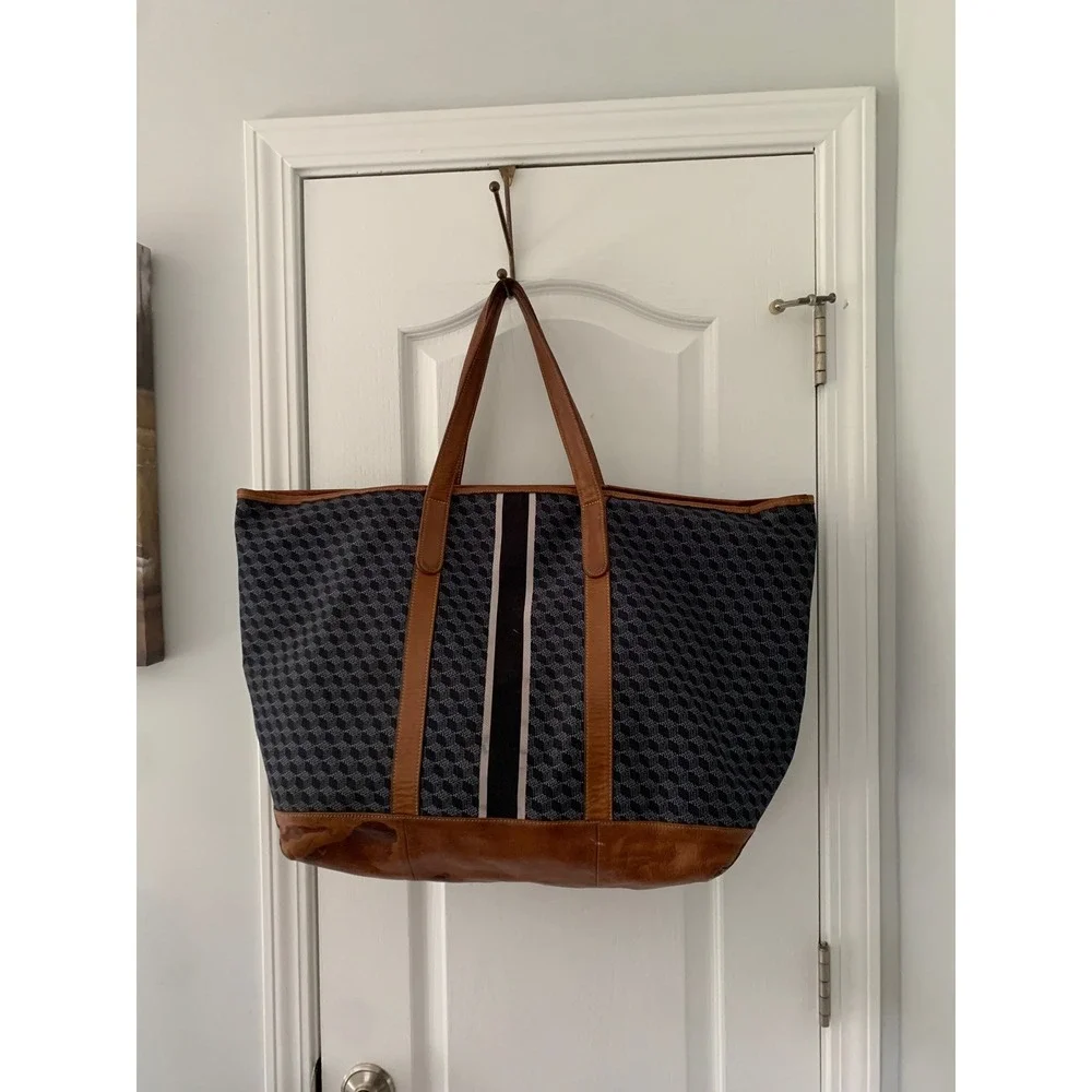 Barrington Geometric Cube Print Canvas Tote Bag Leather Trim Navy Racing Large